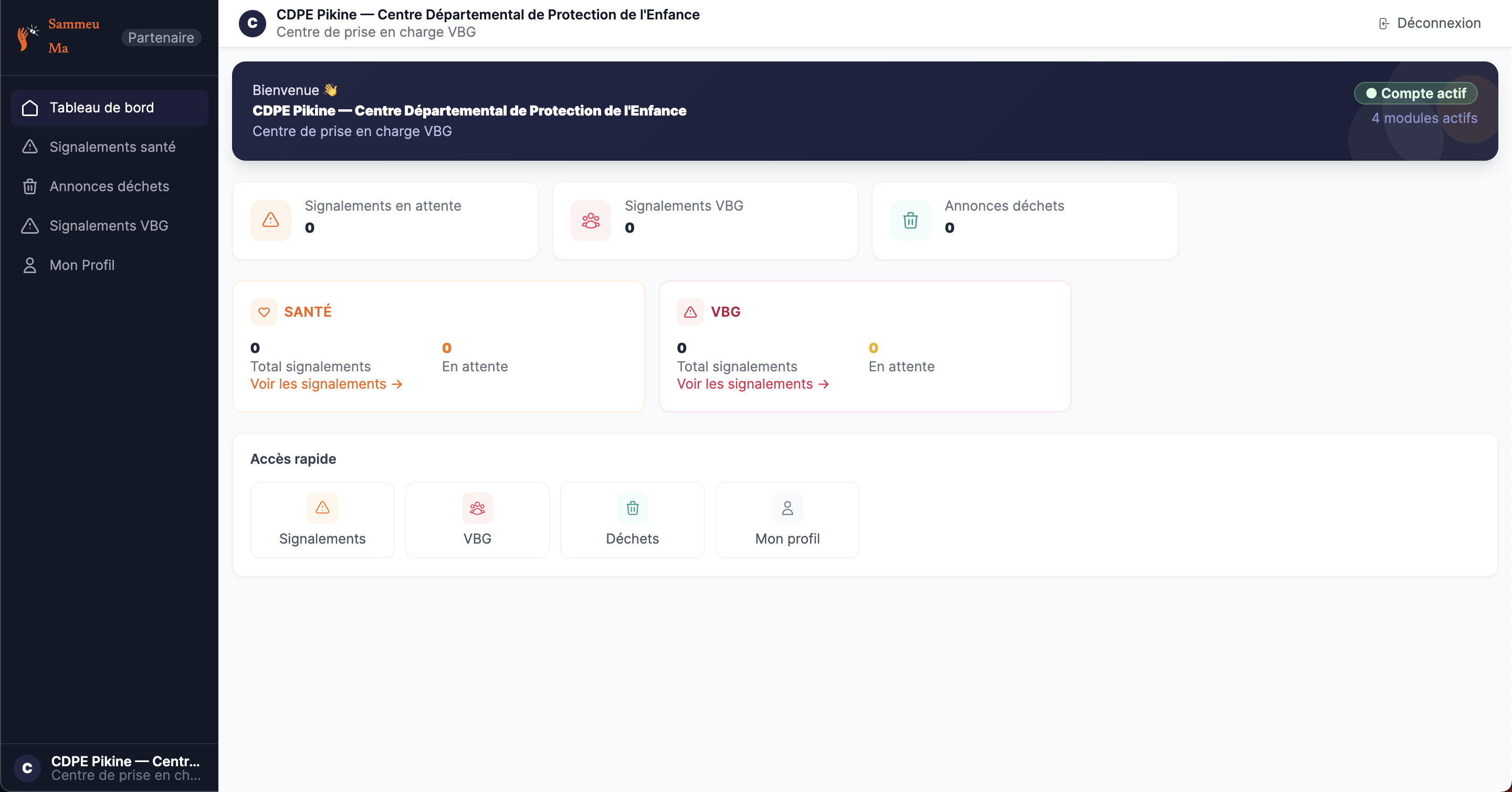 Tableau de bord partenaire Lébénam, avec signalements santé et VBG en attente
