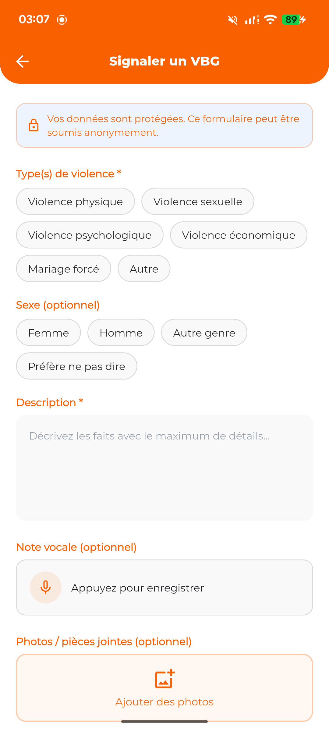 Écran de signalement Lébénam : types de violence, sexe, description et note vocale