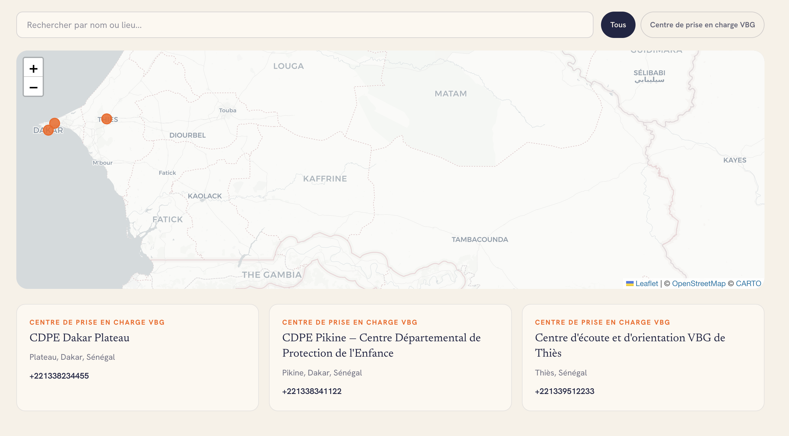 Annuaire interactif des structures de prise en charge VBG, avec carte et fiches de contact